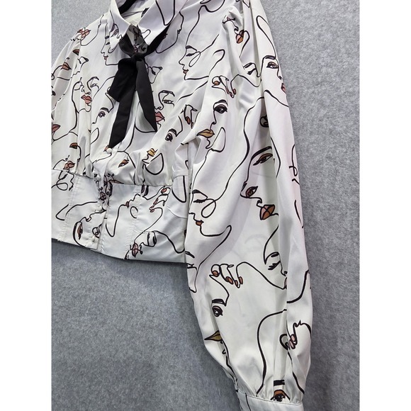 Milk & Honey Face Line Art Cropped Blouse White Black Neck Tie Puff Sleeve M - Picture 4 of 10